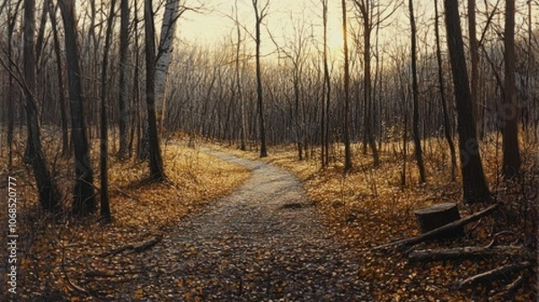 Fototapeta Path through a quiet November forest with bare trees and fallen leaves, capturing late autumn