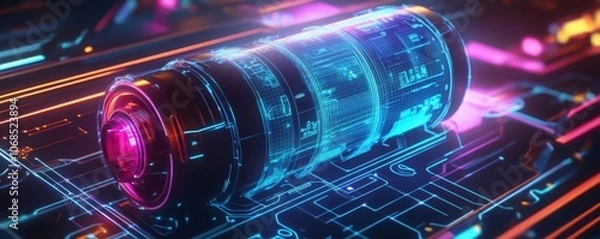 Fototapeta Digital fuel tank model, holographic details, bright neon accents, futuristic scientific illustration