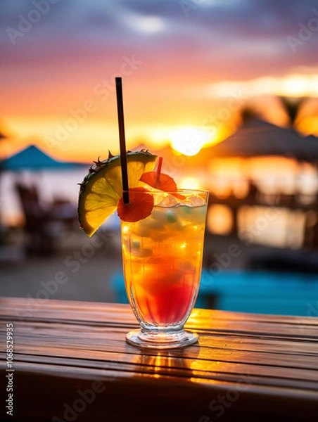 Fototapeta A glass of red cocktail with ice, an orange slice, and a cherry on the bar in front view, with an umbrella behind it all, and a sunset at sea in the background