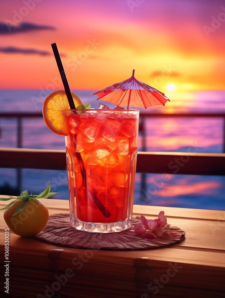 Fototapeta A glass of red cocktail with ice, an orange slice, and a cherry on the bar in front view, with an umbrella behind it all, and a sunset at sea in the background