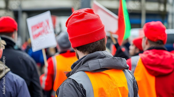 Obraz Workers Gathered Outside a Factory, Holding Protest Signs and Looking Determined, Representing a Labor Protest for Workers’ Rights and Social Justice in an Industrial Setting
