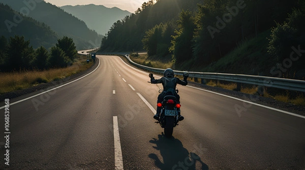 Obraz motorbike on the road riding. having fun driving the empty highway on a motorcycle tour journey, Generative.ai