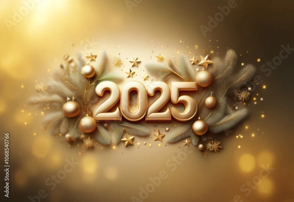Fototapeta The year 2025 is displayed in golden 3D lettering surrounded by festive greenery, ornaments, and stars against a blurred gold background.