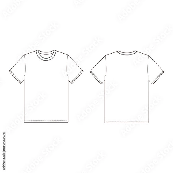 Fototapeta Men's Crew Neck T-shirt, Flat Sketch, Technical Drawing, Front and Back View

