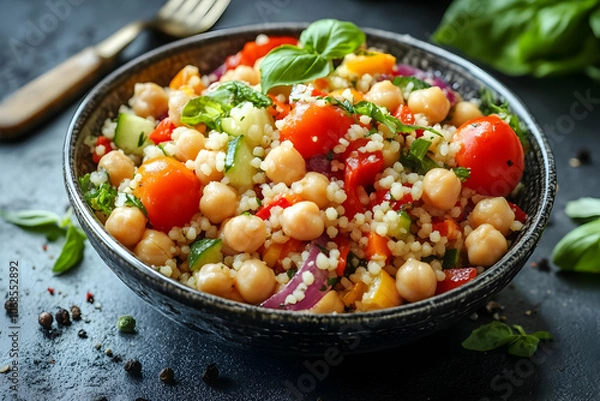 Fototapeta Photo - Chickpea Tomato Cucumber Red Onion Salad