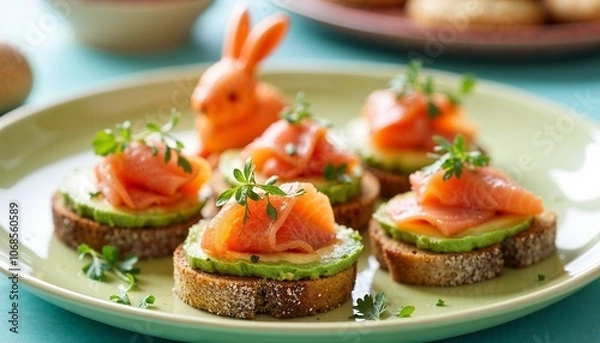 Fototapeta Mini avocado toasts topped with smoked salmon and microgreens, served on a bright platter with bunnies for Easter brunch