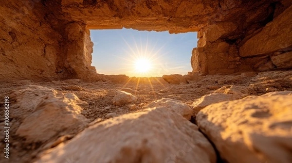 Fototapeta A stunning view of the sun setting through a rugged ancient stone window, casting a warm and inviting glow across the rocky foreground in a serene landscape.