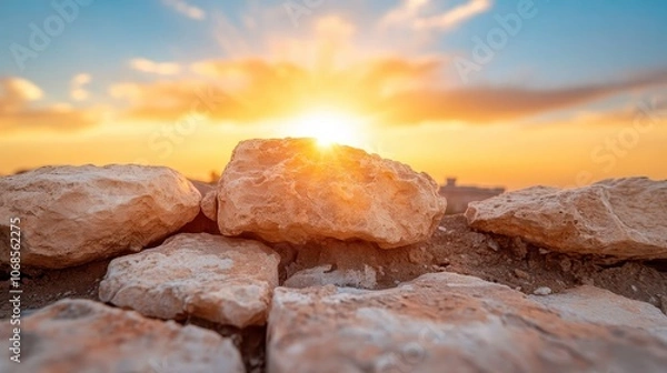 Obraz A close-up photograph of sunlit rocks set against a vibrant sunset sky, highlighting nature's artistic beauty and the warmth of the sun's rays illuminating the rugged surface.