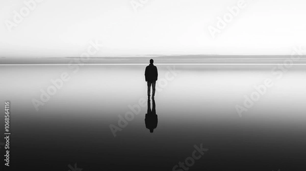 Fototapeta Silhouette of man standing alone on a lake with reflection in the water. Minimalist black and white photo, solitude, reflection