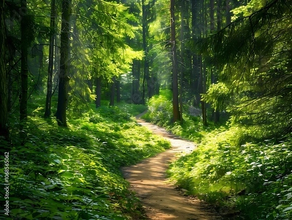 Fototapeta A peaceful woodland path winding through a dense green forest with sunlight dappling the ground and highlighting the vibrant foliage