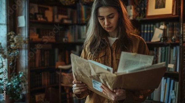 Obraz A serene image of a young woman in a yellow shirt absorbed in reading by a bookshelf. The setting exudes a peaceful scholarly vibe with no distractions.