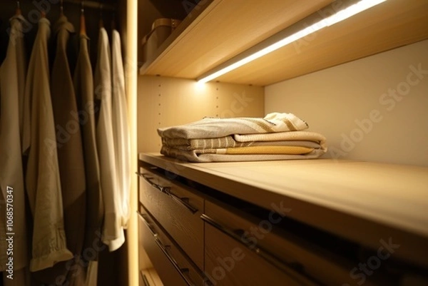 Fototapeta A well-organized small closet with custom storage solutions like sliding racks and built-in drawers, featuring a clean, minimalist design with soft LED lighting.