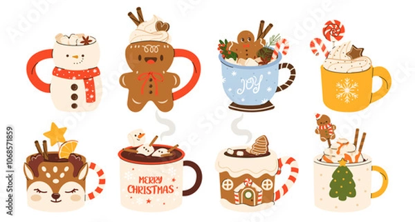 Fototapeta Set of cute Christmas Mugs in shape of gingerbread, snowman. Сacao with whipped cream, marshmallow and candy cane. Seasonal flavored products, cards for New Year or winter holidays. Vector flat