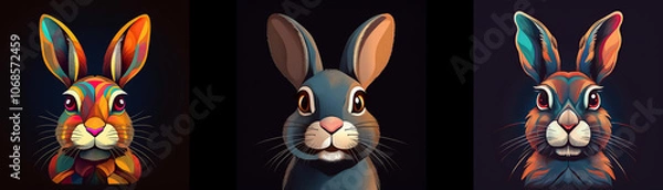 Fototapeta Three rabbit illustrations, each with a different colored fur pattern. The rabbits are looking at the viewer.