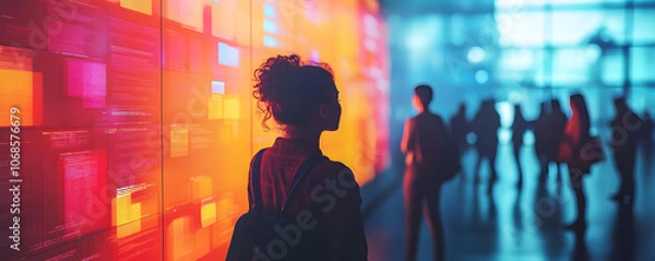 Obraz Photo: Woman Contemplates Glowing Code Wall, Blurred Crowd