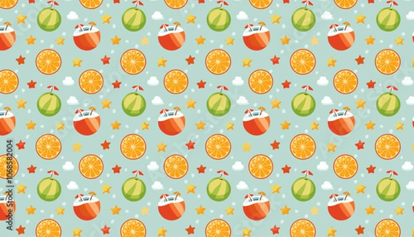 Fototapeta Summer party pattern with oranges and coconuts with straws on a blue background