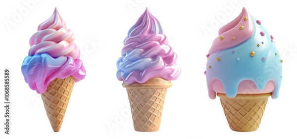 Fototapeta Colorful Ice Cream Cones with Swirled Toppings