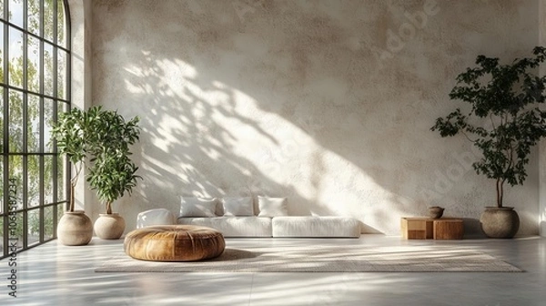 Fototapeta gentle shadows fall across a pristine white wall, creating a subtle interplay of light and form that evokes a sense of calm and simplicity in minimalist design