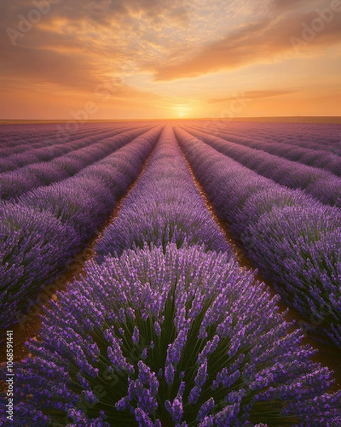 Fototapeta Lavender field at sunset with rows of flowers leading to the horizon.