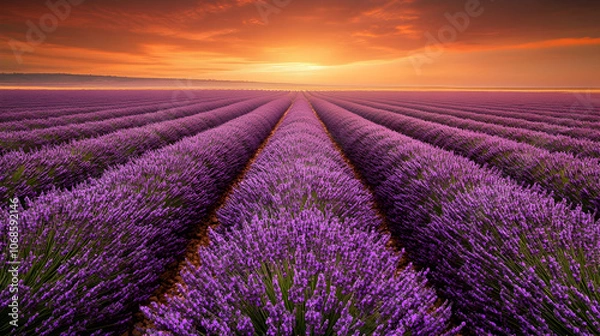 Fototapeta Rows of lavender plants in a field at sunrise.