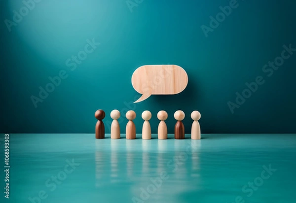 Fototapeta A row of wooden figures stand before a speech bubble, representing diverse voices and communication.