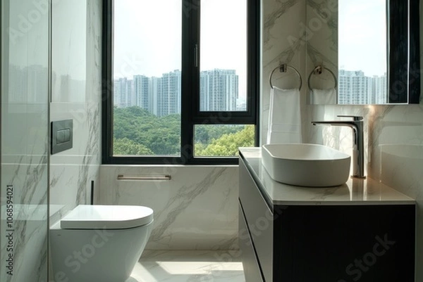 Fototapeta Experience unmatched luxury and comfort in this expansive, modern bathroom that features elegant marble tiles, chic fixtures, and a bright, open atmosphere that is ideal for your relaxation moments