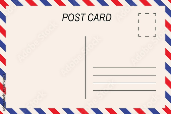 Fototapeta Blank minimalist vintage vector postcard template with red and blue airmail border stripes.