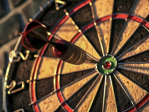 Fototapeta A close-up of a dart hitting a bullseye on a dartboard emphasizing the accuracy and focus of the game
