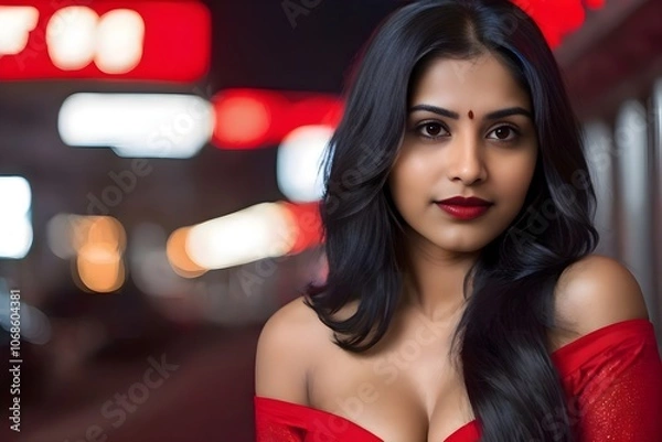 Obraz A beautiful Indian woman in a red top standing in front of a nightclub 