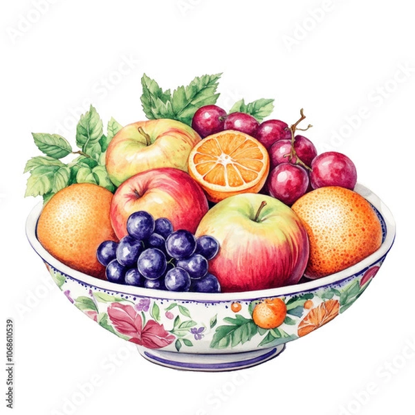 Obraz A watercolor painting of a colorful fruit bowl filled with apples, oranges, and grapes.

