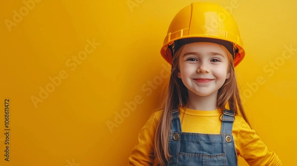 Fototapeta Happy child in a construction helmet smiling.