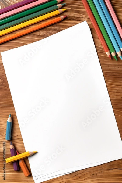 Fototapeta Blank paper surrounded by colored pencils on a wooden surface.