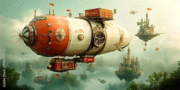 Fototapeta Massive cargo blimps lighter than air vessels transporting oversized freight across lush futuristic landscapes in an ornate art nouveau inspired Dieselpunk style