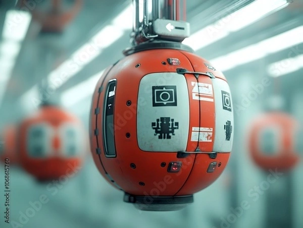 Fototapeta Autonomous flying cargo capsules with adaptive camouflage surfaces navigating a vast and striking industrial landscape
