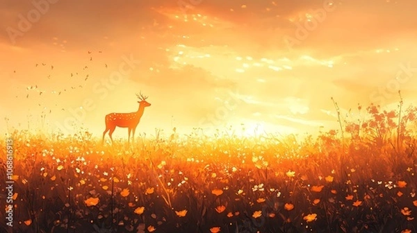 Fototapeta Serene Deer in Warm Wildflower Fields at Sunset