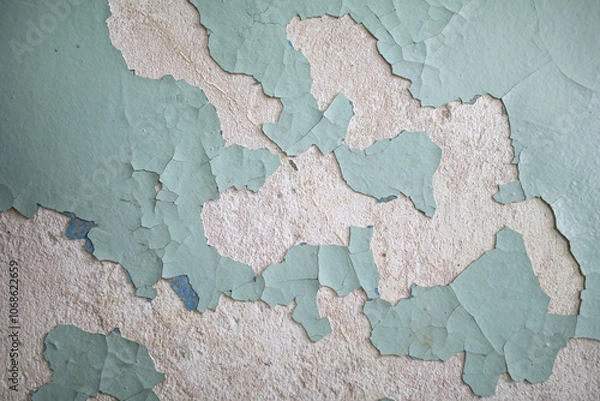 Obraz Cracked, peeling paint on the wall. A wall with old cracked blue paint. Patterns of cracks.