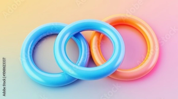 Fototapeta Three colorful rings in blue, pink, and orange create a vibrant and playful composition against a soft gradient background.