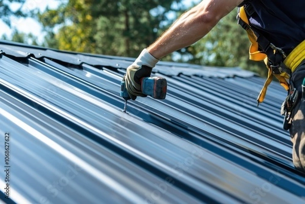 Obraz A roofer with a safety belt and a tool belt works on the roof with a screwdriver