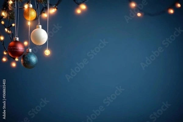 Fototapeta Colorful ornaments hang from pine branches with warm, glowing lights in the background, creating a cozy and festive atmosphere suitable for holiday themes.