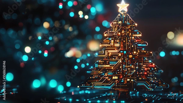 Fototapeta A digital Christmas tree shines with vibrant, festive circuits, blending holiday warmth with a modern, tech-inspired design.
