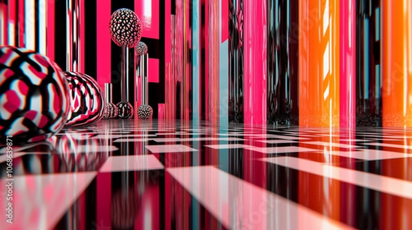 Fototapeta Nighttime city room design with colorful striped background and soft lighting patterns.