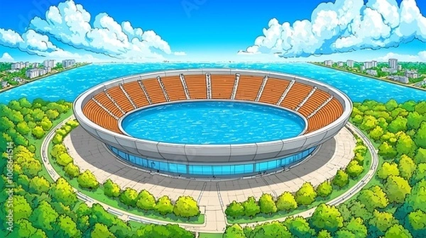 Fototapeta Aerial View of a Modern Stadium with a Pool in the Center.