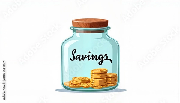 Obraz Cartoon savings jar with coins and "Savings" label on white background