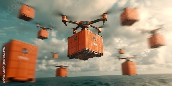 Obraz Futuristic vision of AI powered autonomous airborne cargo transport with robotic cargo handling and data driven route optimization  Minimalist industrial design glitch art aesthetics