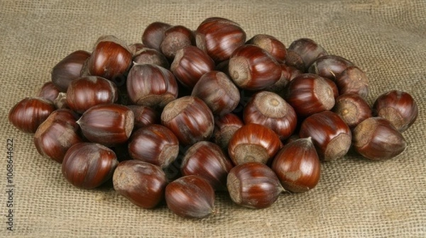 Fototapeta Chestnuts on Rustic Burlap Cloth Background