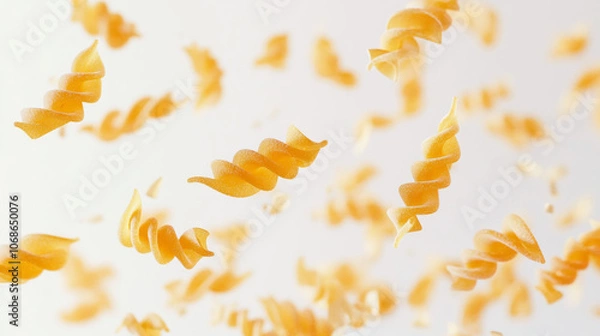 Fototapeta Close-up shot of flying fusilli pasta against white background. Image with shallow depth of field