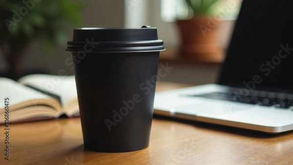 Fototapeta A black disposable coffee cup rests on a wooden desk, accompanied by an open book and a laptop, creating a warm atmosphere ideal for productivity.
