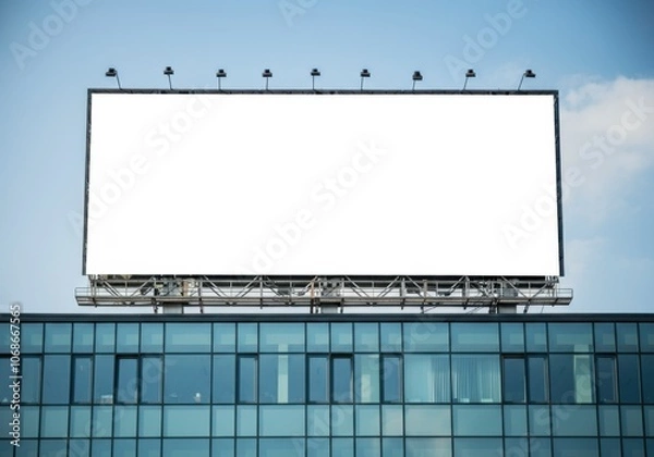 Fototapeta A large, empty billboard stands atop a sleek commercial building in a vibrant urban area. The blue sky serves as a backdrop, emphasizing the billboard's blank canvas.