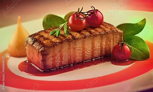 Fototapeta gourmet steak dinner grilled meat steak with tomatoes and herbs