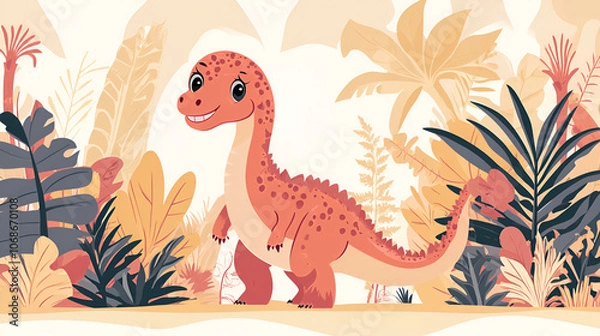 Fototapeta A cartoon dinosaur standing in a field with clouds and grass , cartoon scene with happy dinosaur in the jungle - illustration for children , Cute adorable baby dinosaur, fantasy style of children
